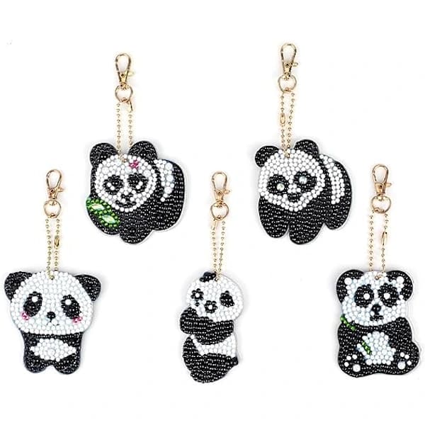 5 stk DIY 5D Panda Diamantmaleri Nøgleringe, Rhinestones