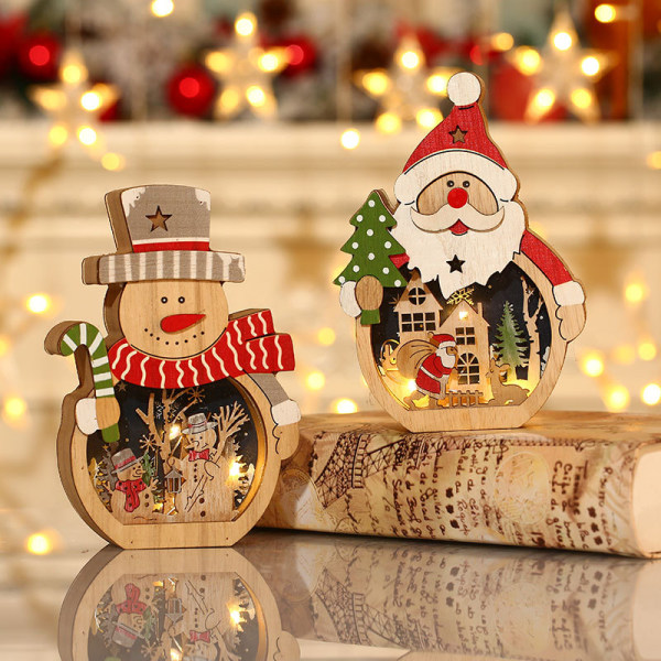 2st jul Led bordsdekoration av trähus Ljus upp jultomten snögubbe dekoration för julhantverksfest, utan batteri