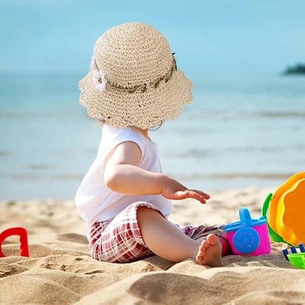 Piger Solhatte i Strå Foldbar Solhat med Blomsterdekoration Sommerhat til Børn Strand Rejser Vandring