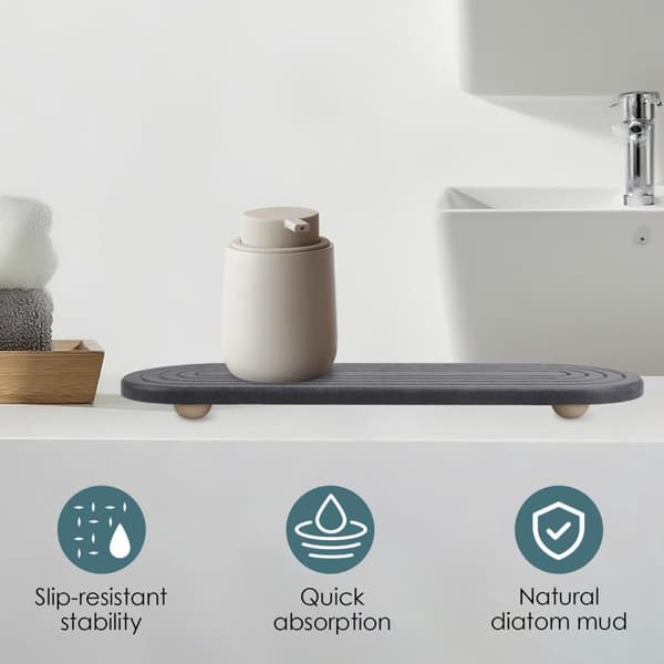 Diatomit vask organizer bakke, absorberende hurtigtørrende rillet måtte med træfødder til badeværelse og køkken, hvid, 30 x 10 cm