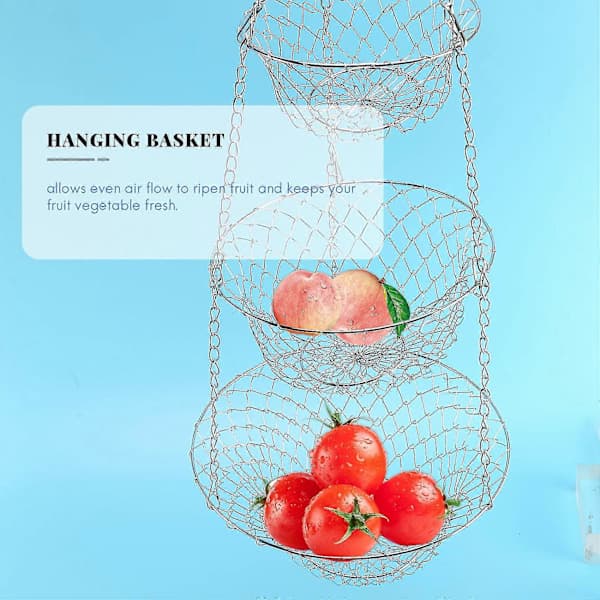 3-Tier Fruit Basket, Vegetable Storage Basket for Kitchen, Hanging Chain, Space Saving Fruits, Plant Storage Basket (Silver)
