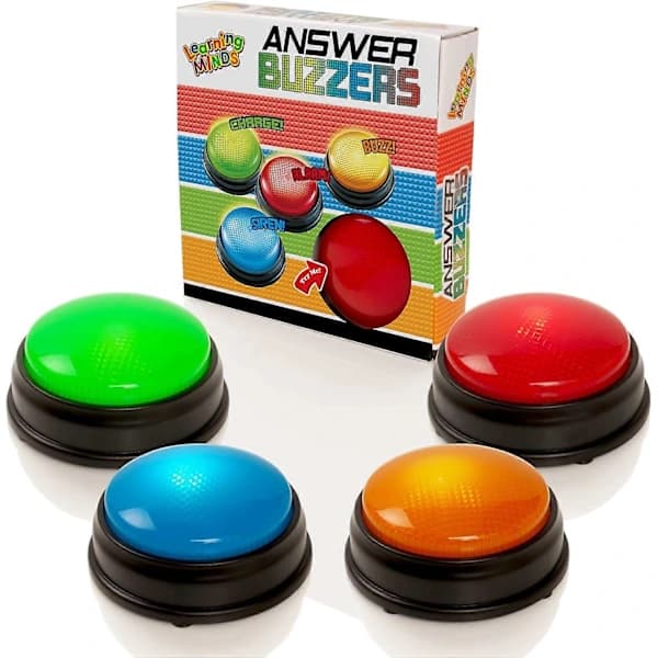 Quiz Buzzers - Sett med 4 lys- og lydbuzzere for pubquiz-spill