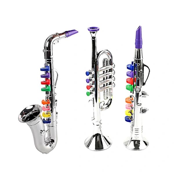 3-pakning Barnemusikkinstrumentleker Klarinett, Saksofon Trompet, Blåse- og Messinginstrument Sølv