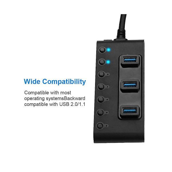 7-porttinen USB3.0-keskitinsovitin, kannettava USB-keskitinjakaja kytkimillä, muuntaja kannettavalle tietokoneelle