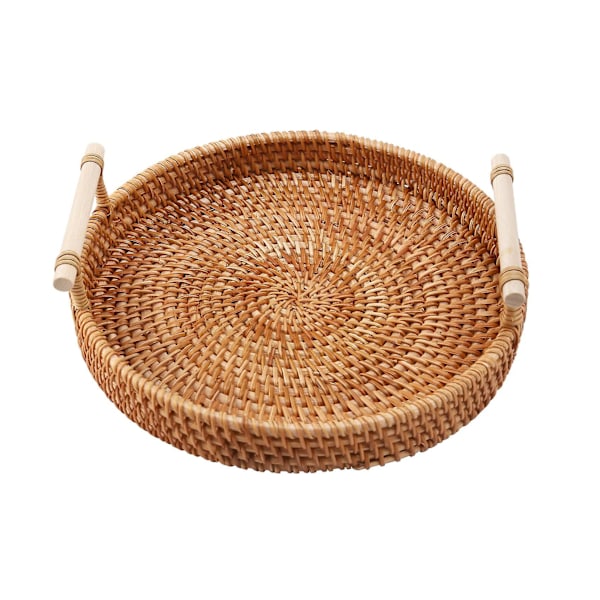 Rattan Storage Tray, Round Basket With Handle, Hand-woven, Rattan Tray Wicker Basket Bread Fruit Fo