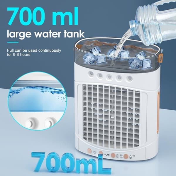 Mini Luftkylare 4-i-1 med 600ml Vattentank – Mini Luftkonditionering för Sovrum, Kontor, Bil & Camping