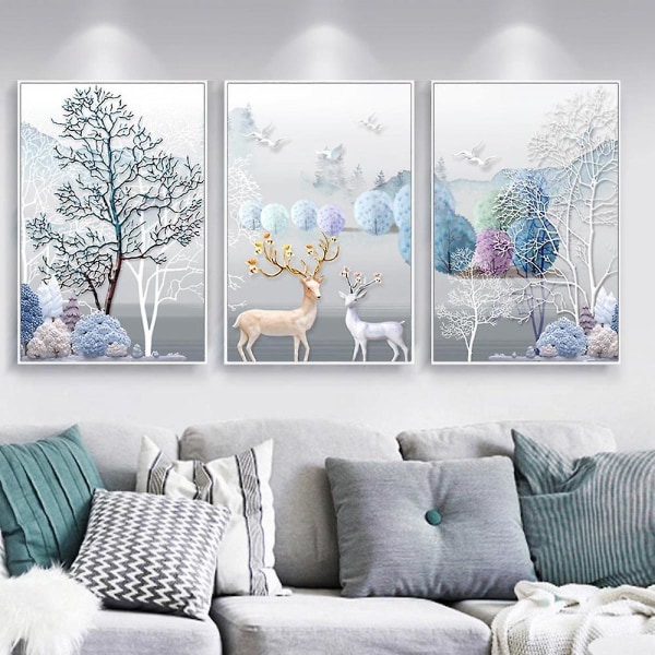 Kehystämätön 3Set Relief Kolmiulotteinen Abstraktio Canvas Maalaus Kuvat Puu ja Peura Taidetuloste Pohjoismainen Relief Kolmiulotteinen Abstraktio Juliste
