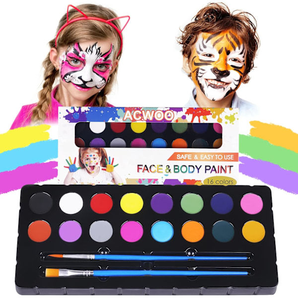 HH-Ansiktsmalingssett for barn, 16-fargepalett med pensler, giftfri og vaskbar, perfekt for Halloween og fester