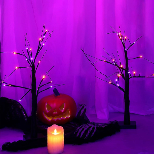 2-pack 2 fot upplyst svart Halloween-träd för bordsskiva, uppgraderat spöklikt träd med 48 LED orange och lila lampor, batteridrivet eller USB-drivet