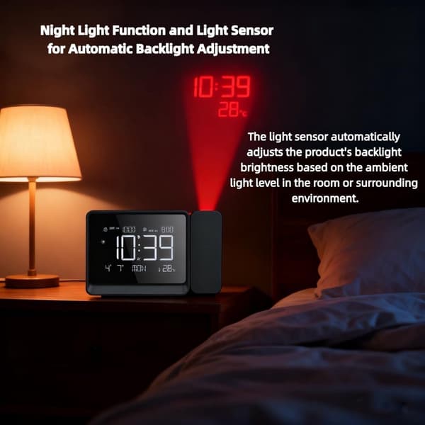 Digital projektionsväckarklocka med stor LED-display, Bluetooth-tidssynkronisering, USB-laddningsport, justerbar volym, sovrum, svart