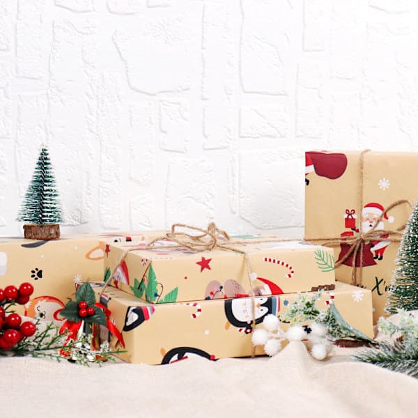 20-pack julpapper, kraftpapper - snöflingor, bilar och julgranar, ränder och God Jul-