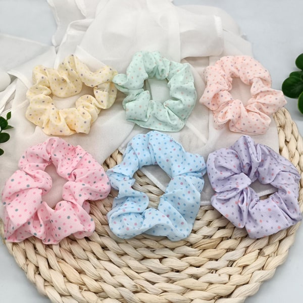 6 stk. stof hår scrunchies polka dots assorterede farver hårbånd til piger kvinder----Lysegrønne prikker,WZ-688R