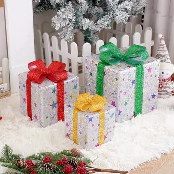 Christmas Decorations 3-Pack LED, Luminous Gift Boxes with Remote Control & 8 Lighting Modes