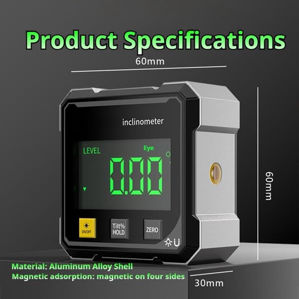 Digital vinkelmåler inklinometer, firesidet magnetisk base, baggrundsbelyst display, USB-opladning, til træbearbejdning og bordsave, sort