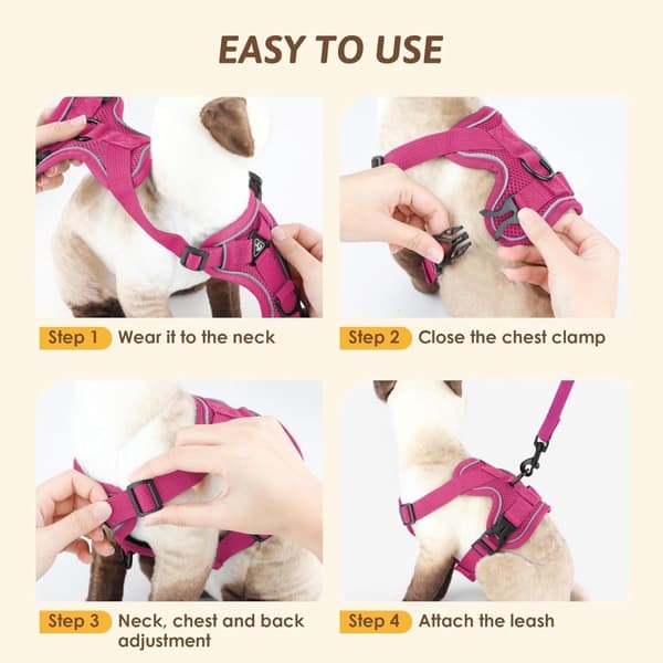 Hundesele og snorsæt, blødt polyesternet, justerbart trækfrit reflekterende design til små til mellemstore hunde, pink, S-XL