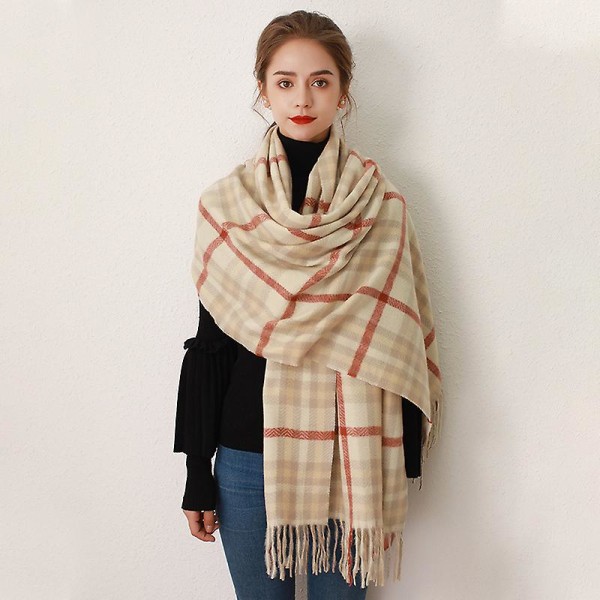 Dametørklæder Vinter Lang Blød Varm Tartan Check Wraps Uld Spinding Kvast Sjal Stjalet Tørklæde Damer,Beige