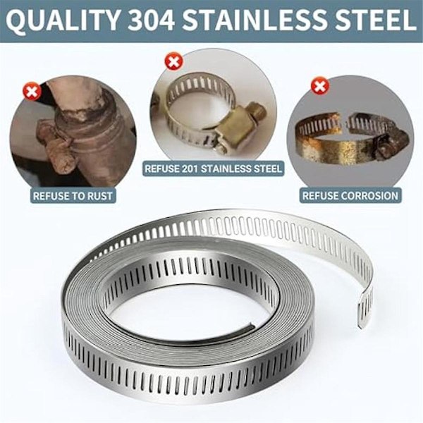 304 Rostfritt Stål Slangklämmor - för DIY, Klipp-till-pass 19,5 fot Rem + 15 Fästelement Kit Justerbar Mask