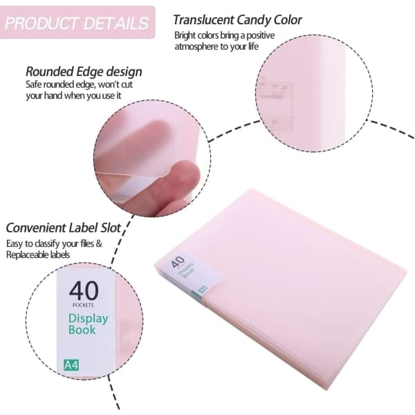 40 Fickor Plast Presentationsbok Portfölj Mapp Rosa