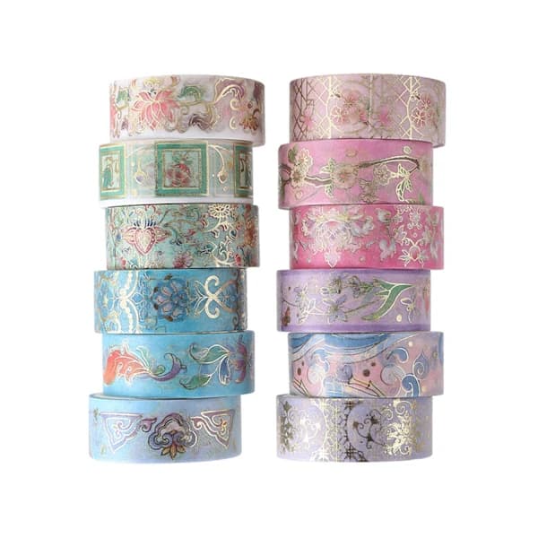 12 Rullar Papperstejp Set, Vacker Washi Tejp Mjuk Scrapbookingtejp Estetisk Guldfolie Papperstejp Dekaler Perfekt för DIY