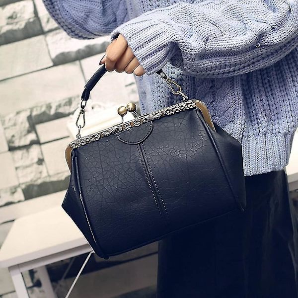 Retro hul håndtaske til kvinder læder skuldertaske aften clutch taske - Blå