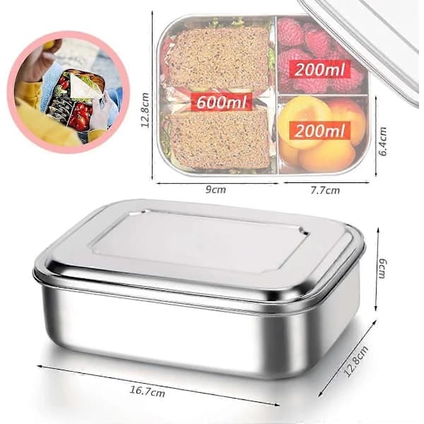 Madkasse, Bento Box Børn, Bento Box 1000 ml Rustfrit Stål Bento med 3 Rum