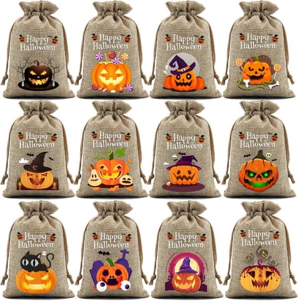 Halloween Jutesäckar med Dragsko 24-pack - Pumpamönster - 10x14 cm - Orange