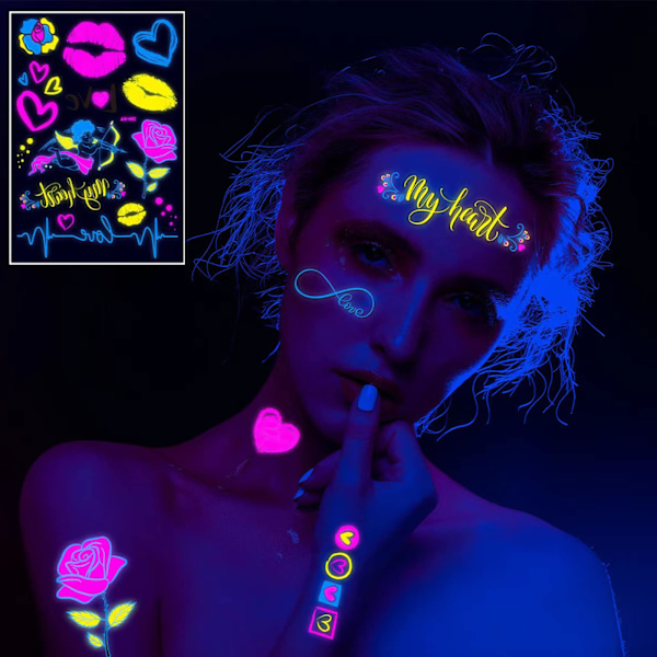 Neon-väriset väliaikaiset tatuoinnit, uusi rakkaus, sekoitettu tyyli, glitter, Amor, punaiset huulet, sydän, kukka, hohtaa pimeässä, UV-neon-tatuointitarrat