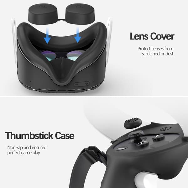 5-delt silikone beskyttelsescover sæt kompatibelt med Meta/Oculus Quest 2, VR-headset og controllertilbehør, sort