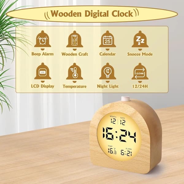 HA-LCD Digital Klocka med Datum, Temperaturvisning, Snooze, Bakgrundsbelysning, Batteridriven Väckarklocka