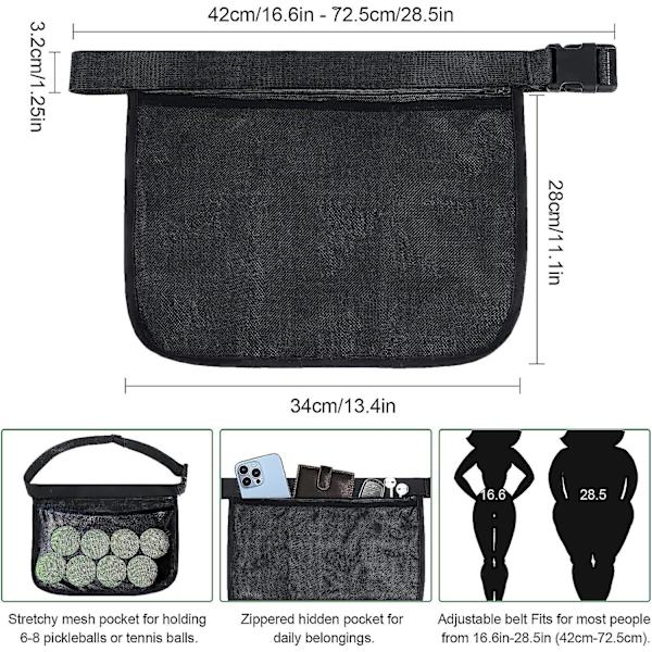 Tennisballholder - Justerbar midje Tennisballholder for kvinner og menn Pickleball Ballholder, Mesh midje hofteveske bærer, holder 8 tennisballtilbehør