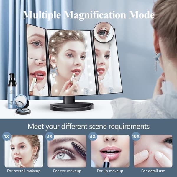 Makeup Mirror with Lights, 2x, 3x, 10x Magnification, Lighted Mirror, Touch Screen, Tri-Fold