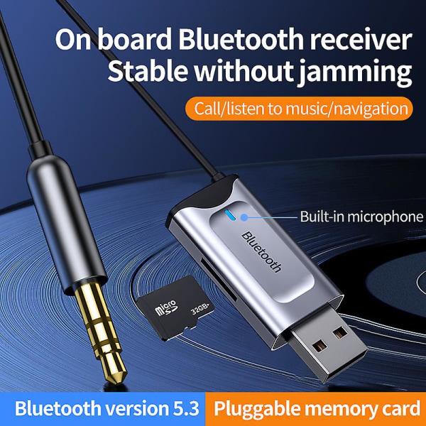 Auton Bluetooth-vastaanotin 5.3 Stereo Langaton USB-dongle 3,5 mm:n liitäntään AUX-äänensovitin Mikrofoni Handsfree-puhelu ja TF-korttipaikka