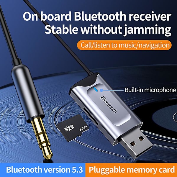 Bluetooth-mottaker 5.3 for bil, stereo, trådløs USB-dongle til 3,5 mm jack AUX-lydadapter, mikrofon, håndfri samtale og TF-kortspor