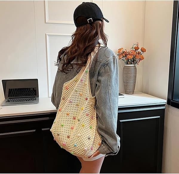 Hæklet mulepose med farverige perler, foldbar skuldertaske med stor kapacitet til kvinder, boho strandrejser og shopping