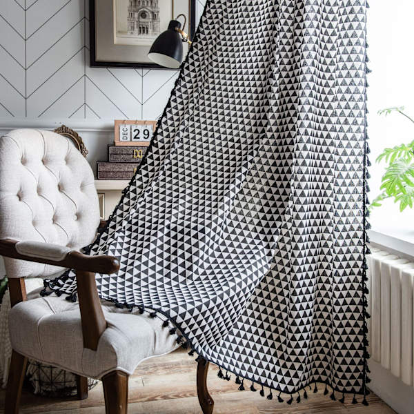 Geometrisk mönstrad bomullslinne fönstergardin med tofsar, mörkläggande, lantlig stil, triangulärt mönster, gardinpanel för sovrum