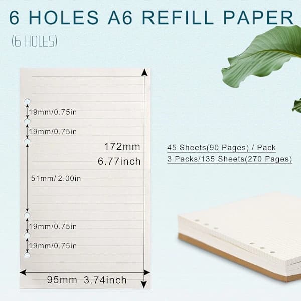 A6 Refillpapper, 3 Förpackningar 100GSM Tjockt Refillpapper 6-Håls Refillinläggspapper 135 Ark (270 Sidor)