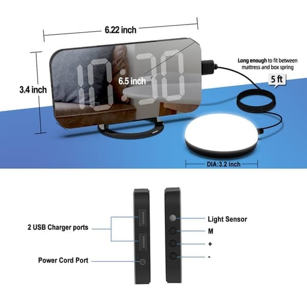 Extra Strong Digital Alarm Clock for Heavy Sleepers | With Bed Shaker + Adjustable LED Lighting | Dual Alarm & Snooze Function