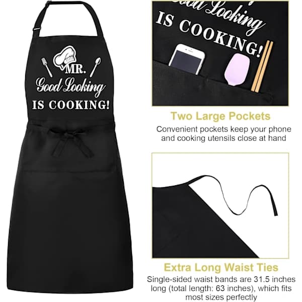 Funny Aprons for Men, MR Good Looking is Cooking, Professional Kitchen Apron Chef Man Bib Aprons with Double Pockets Adjustable