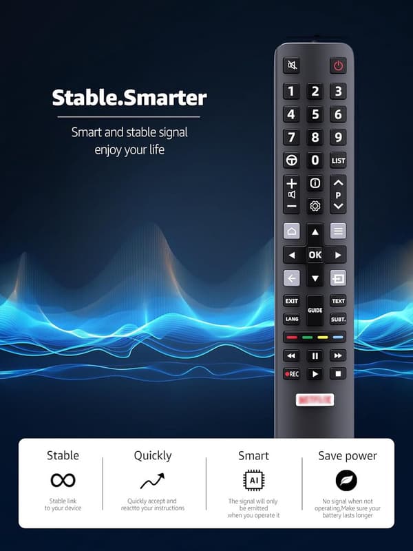 Erstatningsfjernbetjening til TCL Thomson RC802N, ingen programmering påkrævet, med 8 m rækkevidde til 4K UHD LCD LED Smart TV'er, sort