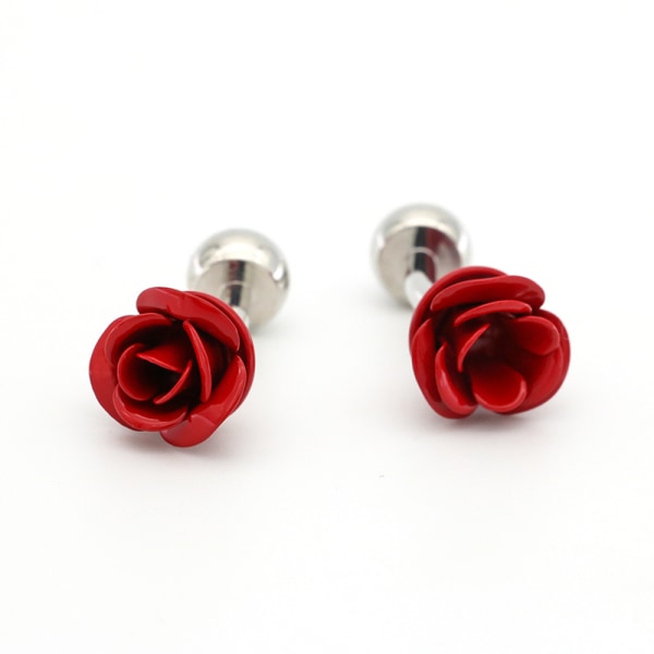 Roseformade manschettknappar - 1 par, unik design, kopparmaterial, röd och silverfärgkombination