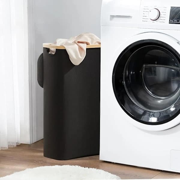 Laundry basket with lid 48 liters large with laundry bag, foldable laundry basket with handles, bamboo laundry basket black-FM-
