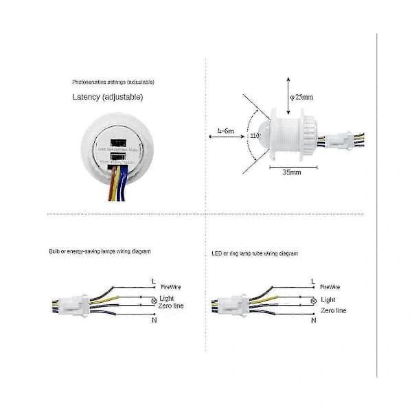 HA~2 stk Bevegelsessensor Lysbryter 110-220v Pir Sensor Smart Deteksjon Tidsforsinkelse Justerbar infrarød