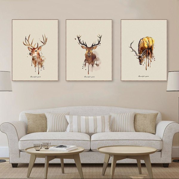 Wekity Triple Elk Väggkonst Canvas Tryck Affisch, Enkelt Mode Vattenfärg Konst Målning Dekor för Hem Vardagsrum Sovrum Kontor (Set om 3 Oinramade, 8'