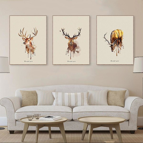 Wekity Triple Elk Wall Art Canvas Print Poster, Enkel Fashion Akvarel Kunstmaleri Dekoration til Hjem Stue Soveværelse Kontor (Sæt med 3 Uindrammet, 8'
