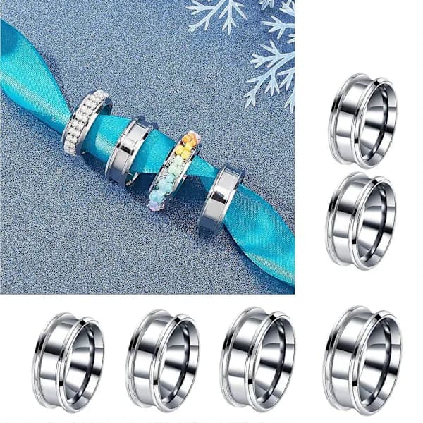 6 Dele 6 Størrelser Stilfulde Tomme Ringe Unikke Rillede Fingerringe Sæt DIY Ringmateriale Perfekt til DIY Smykkefremstilling Sølv