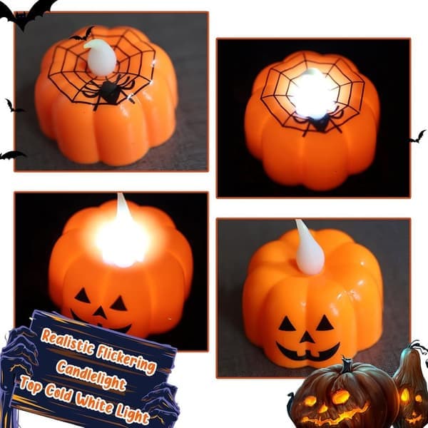 12 stk. Græskar Flameless Tea Lights - Orange LED Belysning Halloween