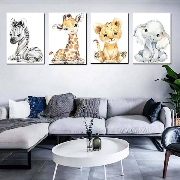 Wekity Animal World Väggkonst Canvas Tryck Affisch, Enkla Söta Akvarellkonst Ritning Dekor för Hem Vardagsrum Sovrum Kontor och Barnrum (Se