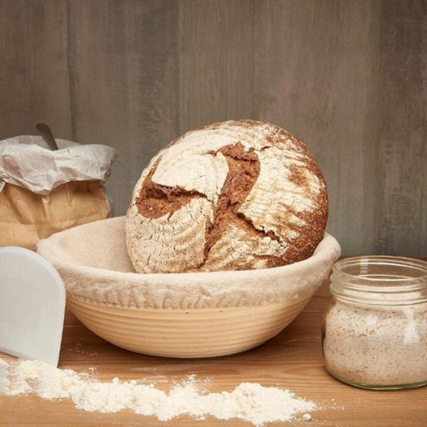 2x Rund Banneton Jäsningskorg Set - Brot Form Oblekt Naturlig Rotting Brödbakningskit Med Tyg