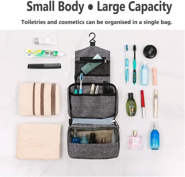 Hængende toilettaske, foldbar polyester-organizer med 360° roterende krog og flere rum til rejser og camping, grå