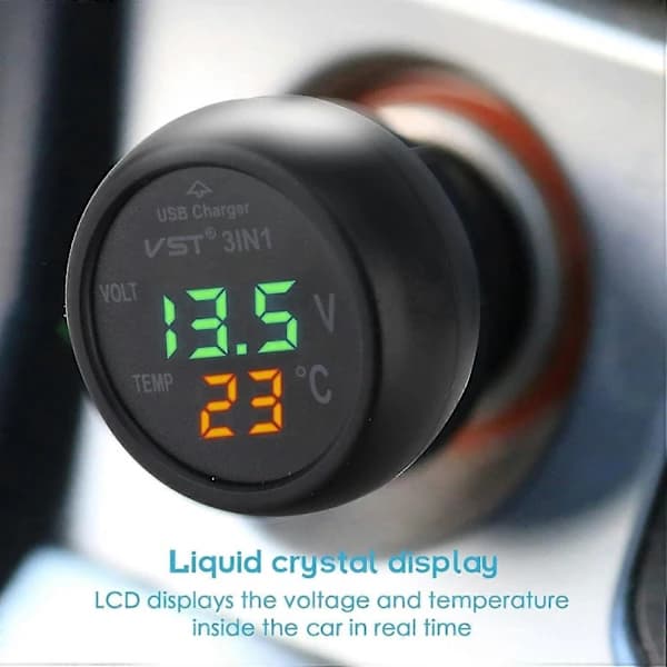 2025 Lämplig Bil Voltmeter, 3 i 1 12-24V Bil Termometer Bil USB Laddare Voltmeter med LCD Digital Display Panel